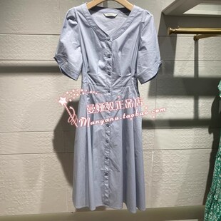 曼娅奴2023年夏季新款显瘦收腰V领短袖气质连衣裙女MN22DA158
