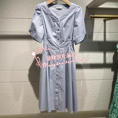 曼娅奴2023年夏季新款显瘦收腰V领短袖气质连衣裙女MN22DA158