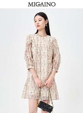 曼娅奴优雅连衣裙女2023早秋新款圆领宽松复古印花短裙MN34DB608