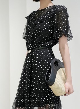 曼娅奴女装夏新款设计感薄纱绣花裙子荷叶边网纱连衣裙MP24DA685