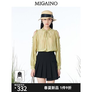 曼娅奴露肩衬衫 设计感小众上衣MN14AC617 女2023春新木耳边灯笼袖