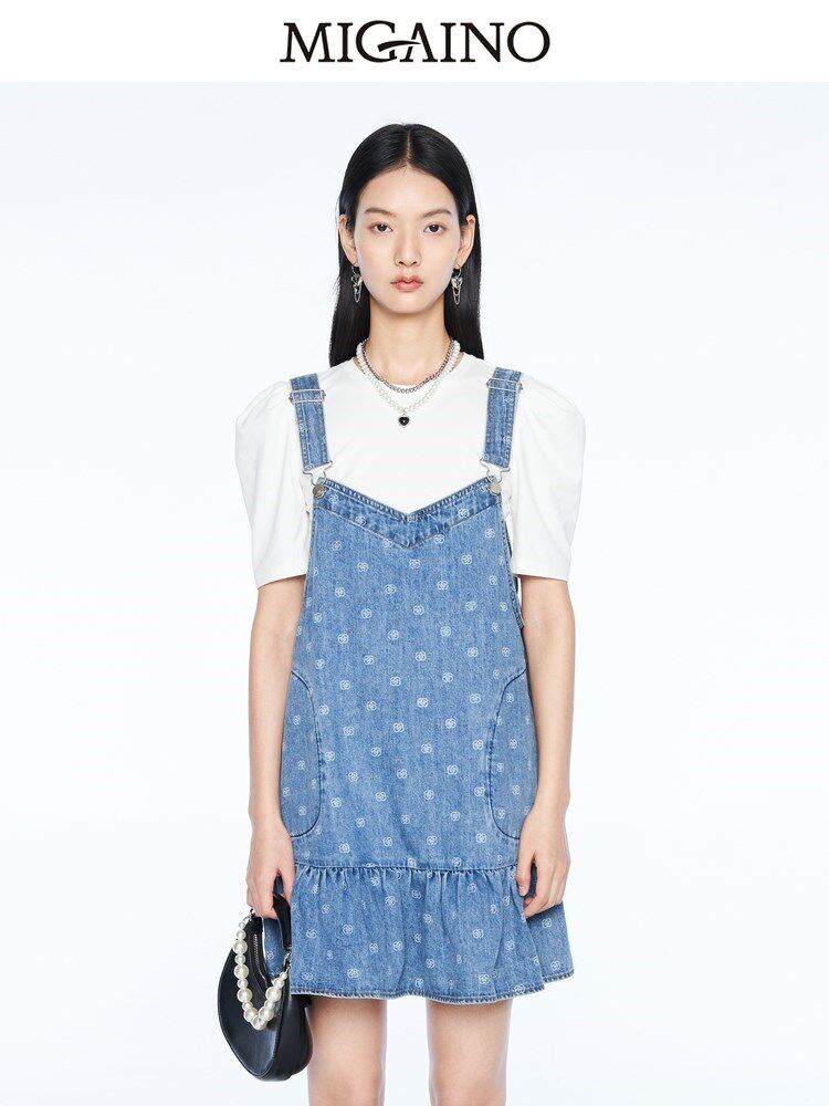 曼娅奴两件套裙子女2023春新款洋气甜美牛仔背带连衣裙MN14DJ604