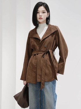 曼娅奴女秋冬新款复古高级感时尚气质上衣咖色麂皮外套MP44SC710