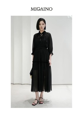 曼娅奴女秋季新款优雅气质收腰显瘦裙子黑色网纱连衣裙MP34DC601