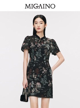 曼娅奴女装2024夏季款小众设计感新中式黑色短款连衣裙MO24DA643