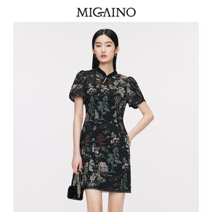 曼娅奴女装2024夏季款小众设计感新中式黑色短款连衣裙MO24DA643