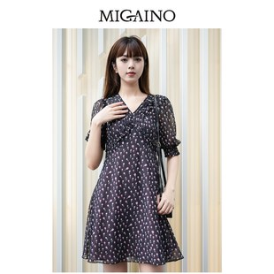 曼娅奴连衣裙女2024夏季 玫瑰印花V领显瘦气质连衣裙MO14DB663 新款