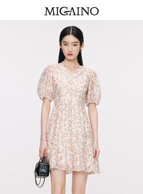 曼娅奴女装2024夏季款小个子V领短袖收腰碎花连衣裙短裙MO24DA699