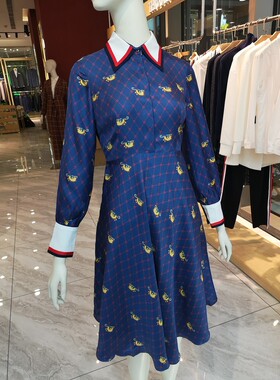 依文女装EVE CINA女士商务高档修身性感桑蚕丝宝石蓝连衣裙2499元