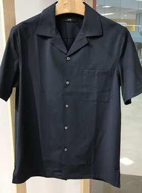 依文男士商务抗皱纯色修身古巴领藏蓝色半袖短袖衬衫吊牌价1180元