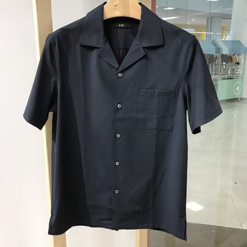 依文男士商务抗皱纯色修身古巴领藏蓝色半袖短袖衬衫吊牌价1180元