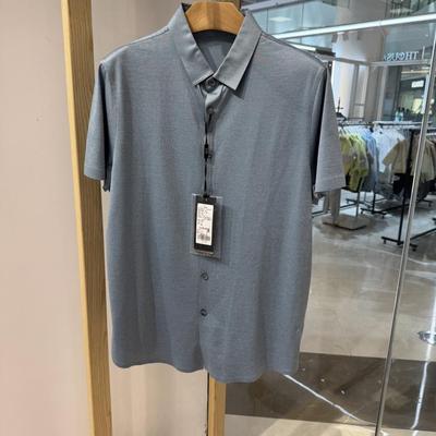 依文男士商务弹性棉弹速干科技面料蓝绿色半袖短袖衬衫开衫1180元