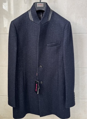 依文诺丁山男士商务休闲戗驳西装立领羊毛棉藏蓝色毛呢大衣4580元