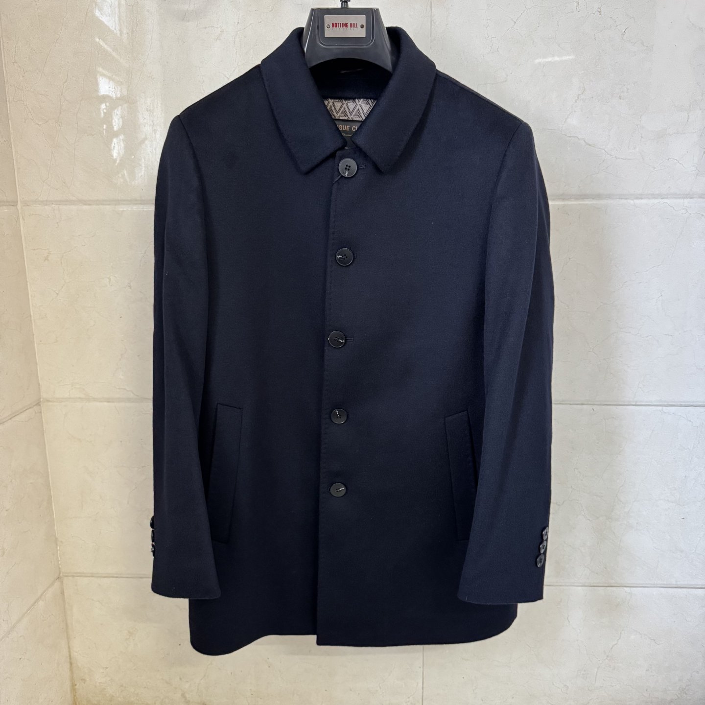 威尚男士高端羊毛山羊绒桑蚕丝中长款藏青蓝色羽绒毛呢大衣5699元