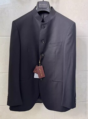依文凯文凯利男士REDA纯羊毛130s支双开叉黑色中山装西服原6200元