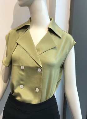 依文EVE CINA女士商务透气双排扣桑蚕丝弹性古巴领绿色半短袖衬衫