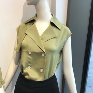 衬衫 依文EVE CINA女士商务透气双排扣桑蚕丝弹性古巴领绿色半短袖