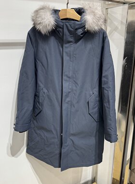 依文男士超级保暖厚狐狸皮毛白鹅绒-40度中长款蓝色羽绒服4980元