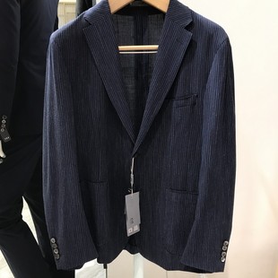 依文男士蓝色西服意大利维达莱面料绵羊毛蚕丝亚麻单西吊牌3680元
