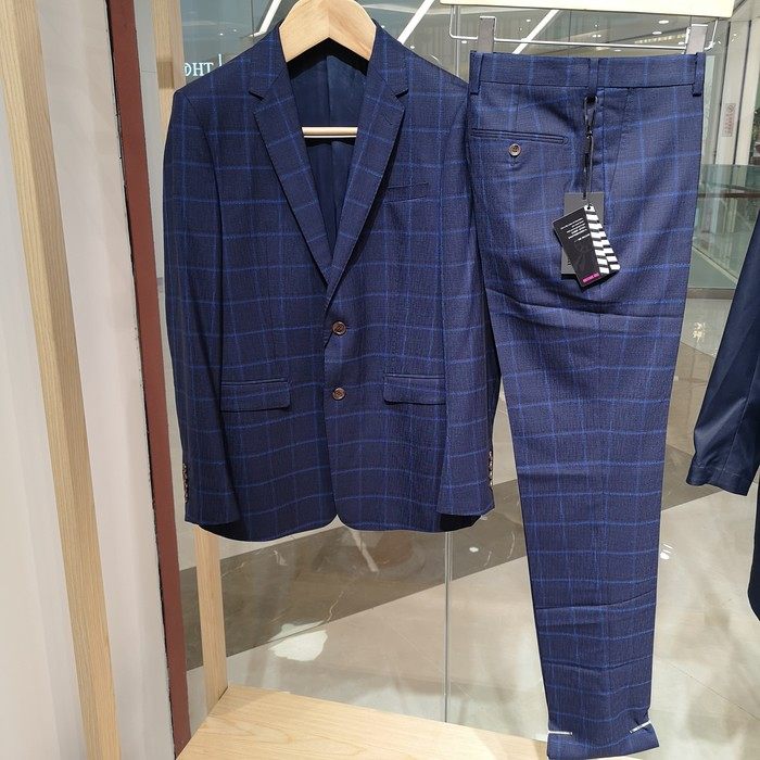 依文诺丁山男士商务意大利进口羊毛面料藏蓝色渐变色格子西服西装