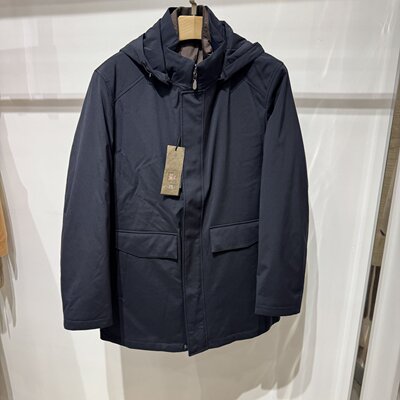 依文男士高端商务桑蚕丝锦纶面料连帽藏蓝色羽绒服棉服吊牌5980元