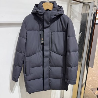 依文新款男士商务中长款鹅绒连帽灰蓝色羽绒服吊牌价3680元专柜款