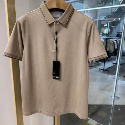 依文男士商务休闲透气翻领含桑蚕丝舒适卡其色半袖短袖T恤polo衫