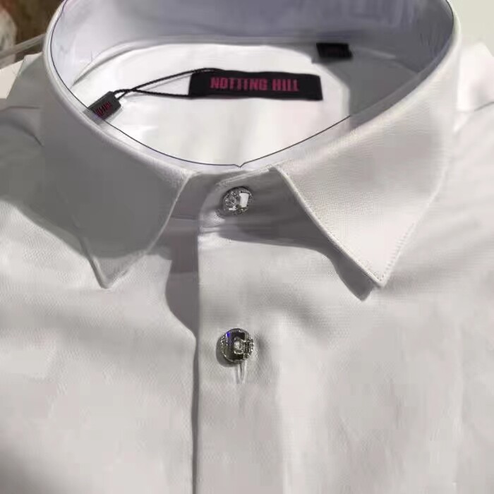 依文正品诺丁山促销男士夏季时尚施华洛元素白色/蓝色长袖衬衫