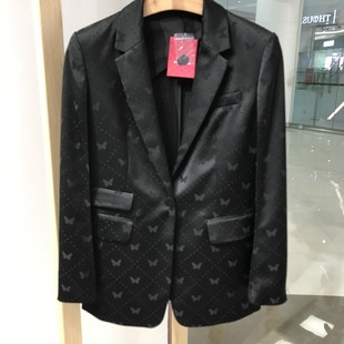 依文EVECINA女士商务显瘦高档工作上班蝴蝶图黑色西服吊牌1999元