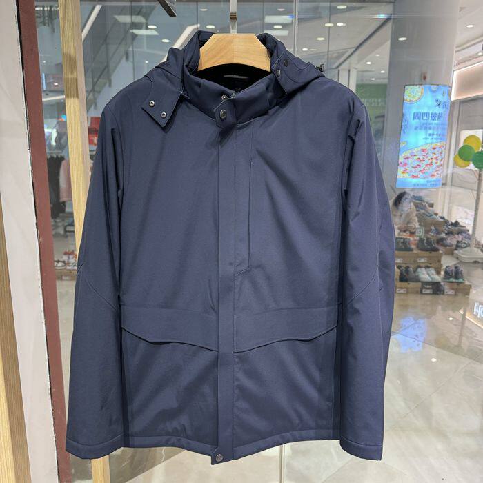 依文男士新款商务兔毛连帽可卸皮藏蓝色保暖夹克尼克服吊牌5680元