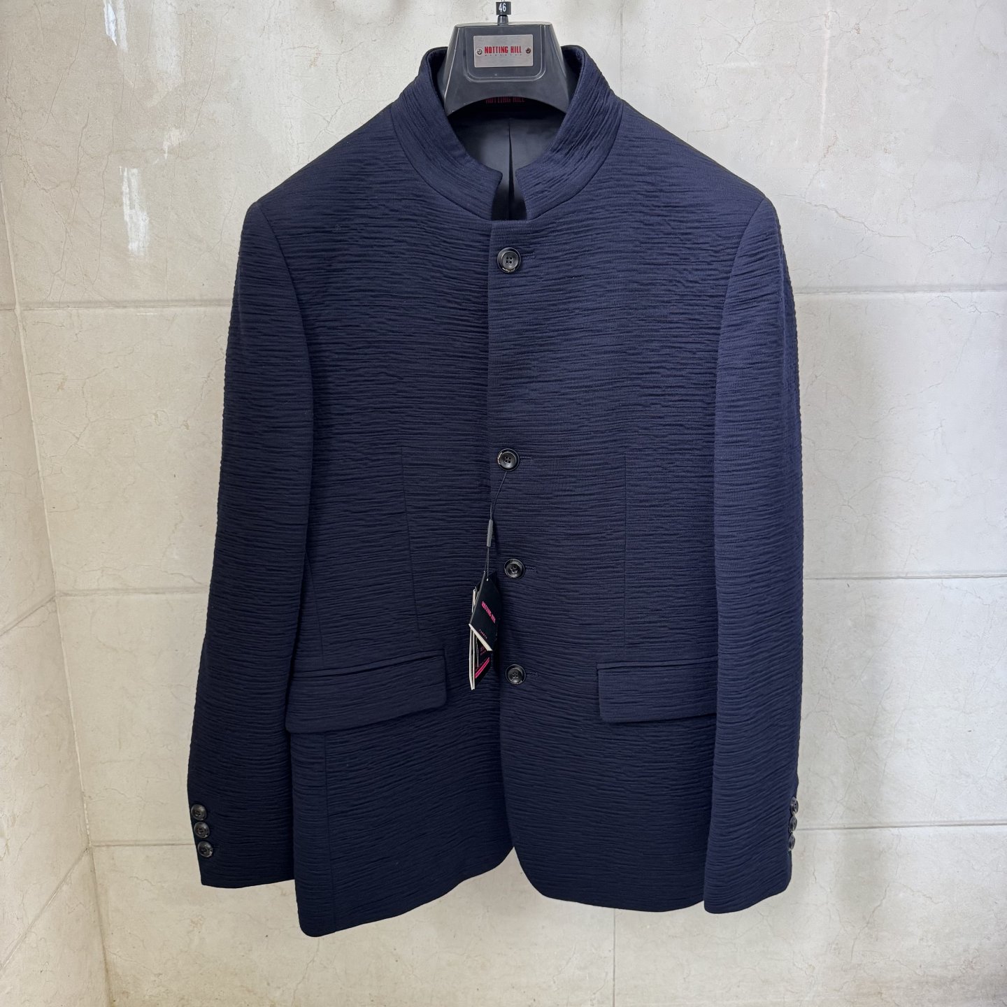 依文诺丁山春秋冬特价男士泡泡纱羊毛蓝色立领夹克外套中山装西服