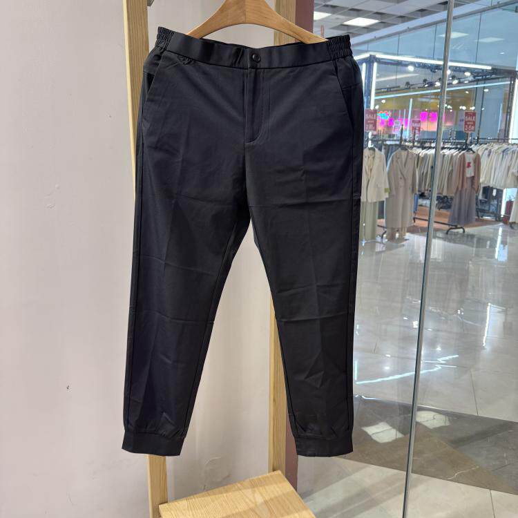 依文诺丁山男士休闲时尚薄款春夏季腰绳束脚弹力黑色休闲裤运动裤