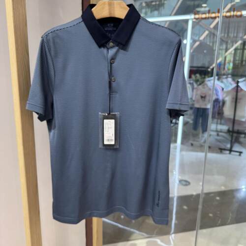 依文男士商务纯桑蚕丝翻领横条纹宝石蓝半袖短袖T恤POLO衫3680元