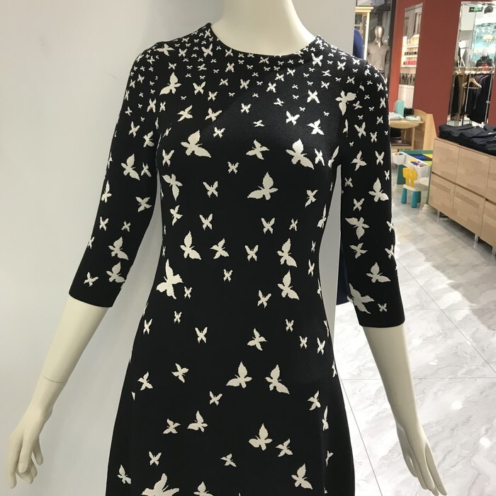 依文女装evecina女士商务宴会长袖收腰a字黑色针织连衣裙裙子2899