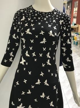 依文女装EVECINA女士商务宴会长袖收腰a字黑色针织连衣裙裙子2899