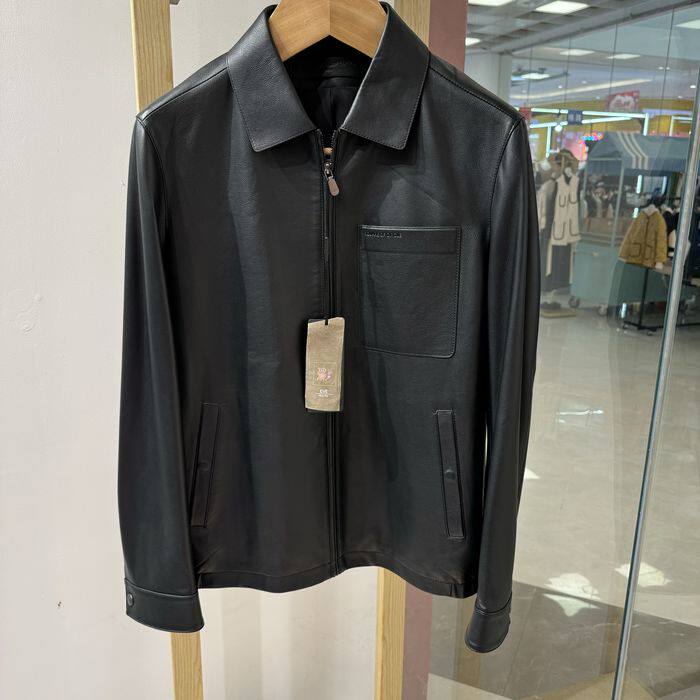 依文新款男士商务高端短款皮夹克羊皮黑色皮衣吊牌4980元专柜同款