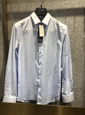 依文男士小尺码特价施华洛水晶扣钻扣长袖浅蓝色衬衫吊牌1180元