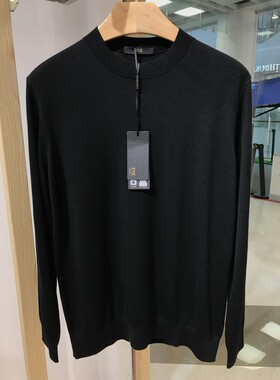 依文毛衣新款折扣男士商务时尚纯羊毛套头圆领黑色毛衫原1380元