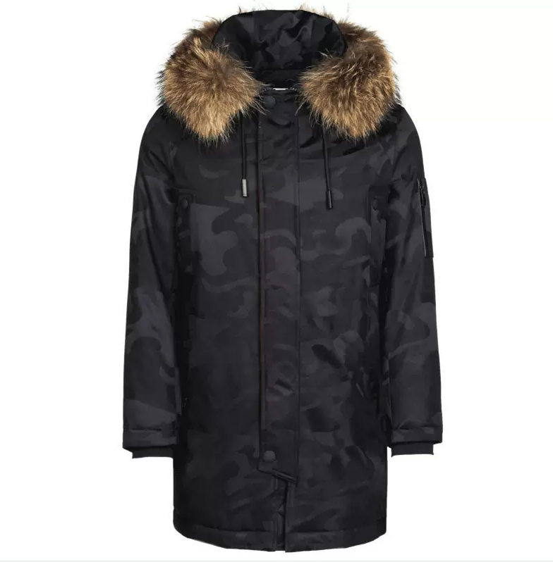 诺丁山男装迷彩毛领羽绒服中长款保暖时尚户外冬季加厚外套男士