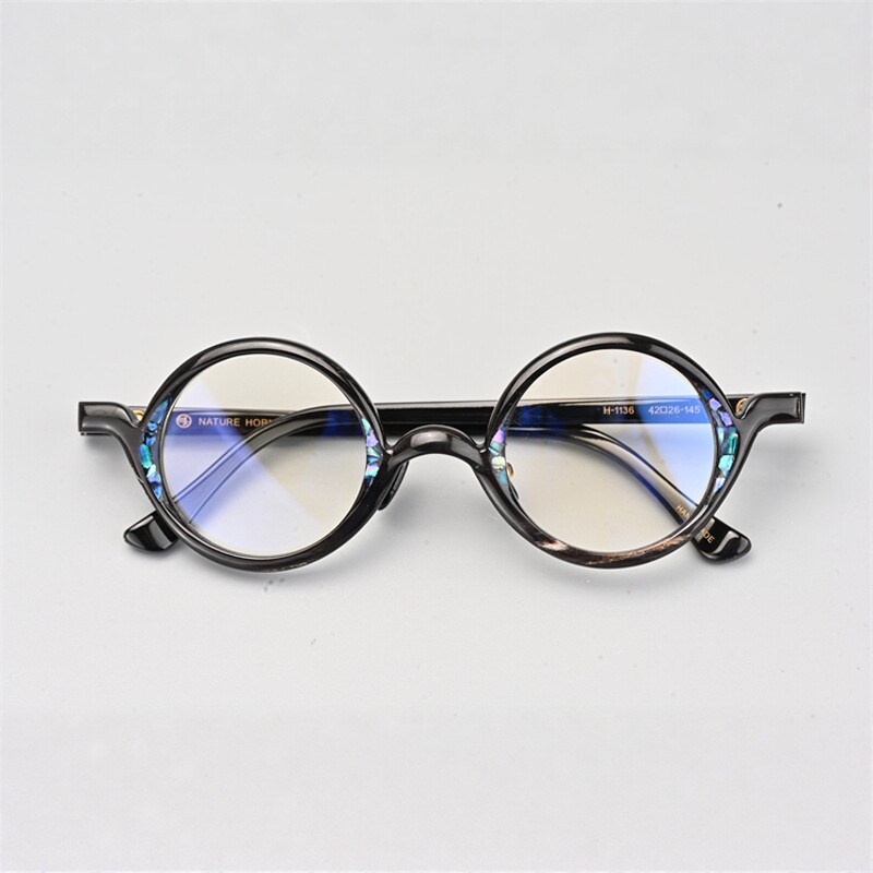 天然牛角贝壳复古眼镜框男手工银框眼镜架配近视镜框男士圆框1136