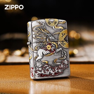 zippo打火机正品原装 熏银盔甲浮雕马上有钱 煤油防风机男士礼物