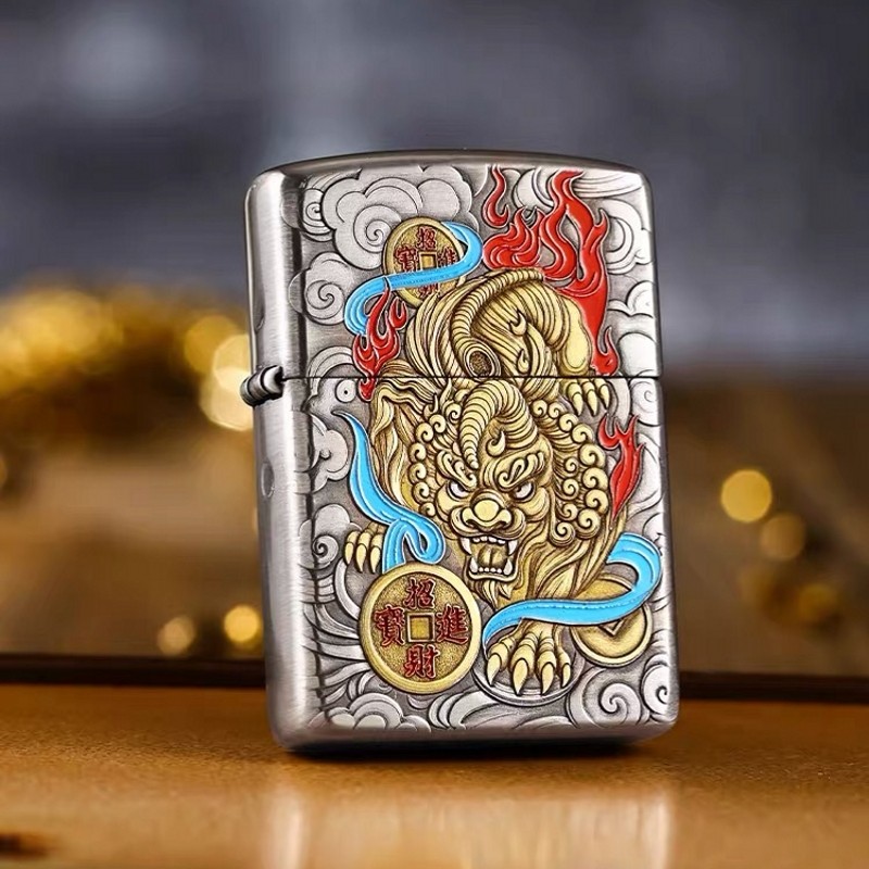 zippo打火机盔甲熏银金麟开运