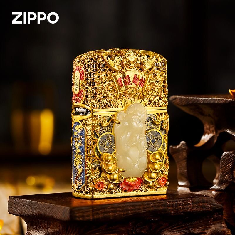zippo打火机正品 花丝珐琅金镶玉夜光玉貔貅 煤油机防风男士礼物