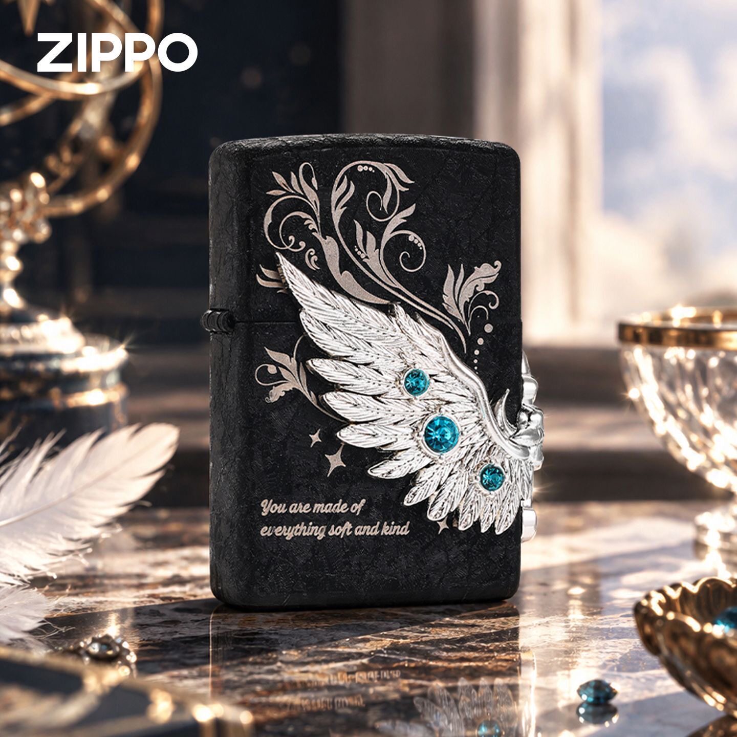zippo打火机冰裂漆贴章热恋羽翼