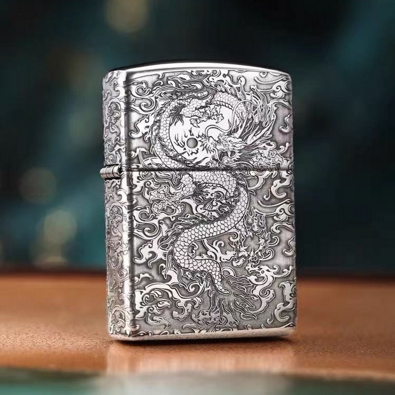zippo打火机纯银盔甲四面腾龙