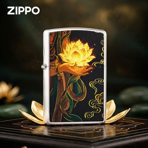zippo打火机镀银彩印佛手绽金莲