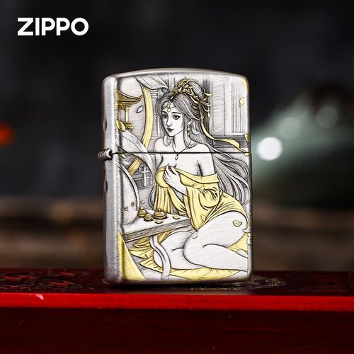 zippo打火机盔甲熏银浮雕锁金钗