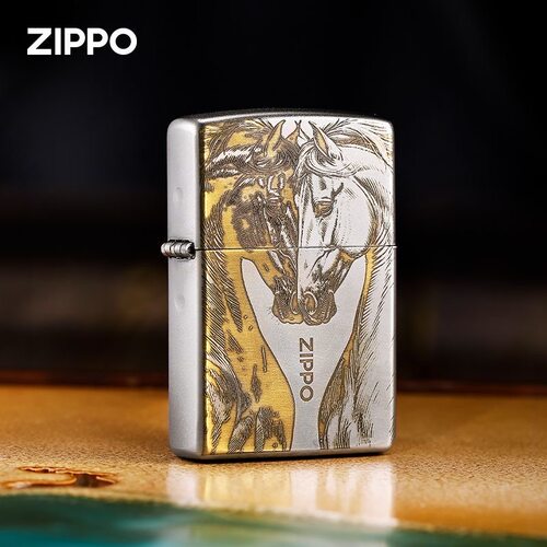 zippo打火机磨砂深雕心马相依