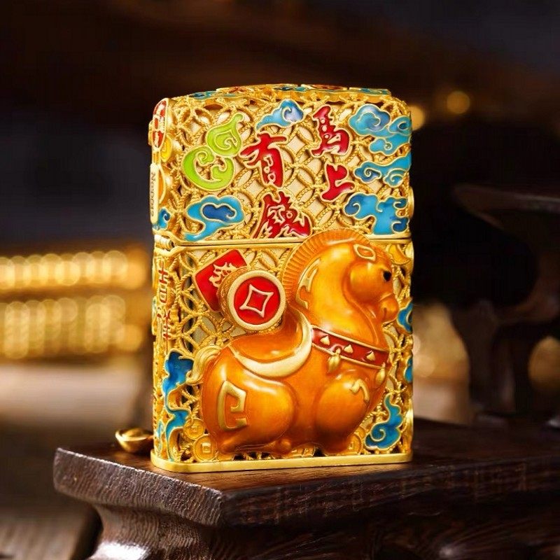 zippo打火机正品 镀金花丝珐琅马上有钱 煤油机防风男士收藏礼物