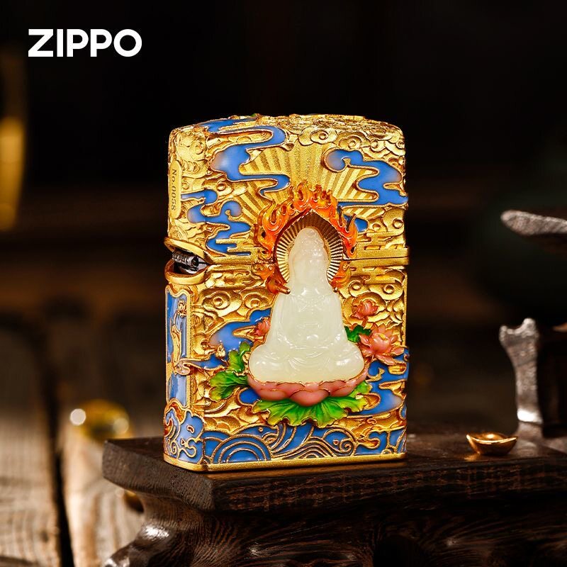 zippo打火机正品 镀金夜光珐琅玉观音 金镶玉 煤油防风机男士礼物